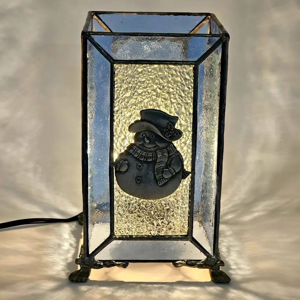 Vintage Stained Glass Snowman Lamp Holiday Decor